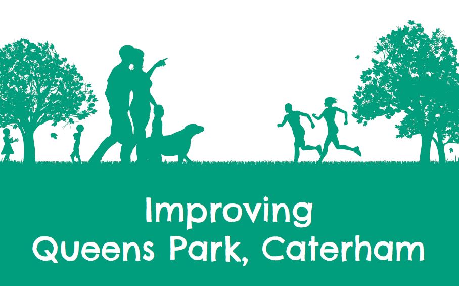 Green silhouettes of people using a park with text "Improving Queens Park, Caterham". Green silhouettes of people using a park with text "Improving Queens Park, Caterham".
